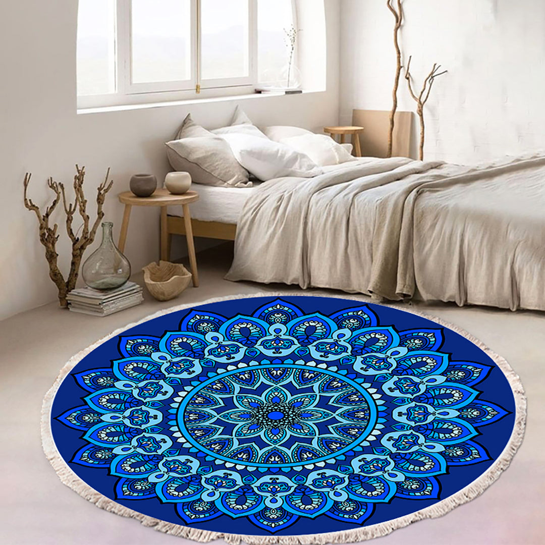 NNEAGS 2 alfombras redondas de mandala azul de 90 cm para sala de estar, dormitorio, felpudo antideslizante, decoración del hogar