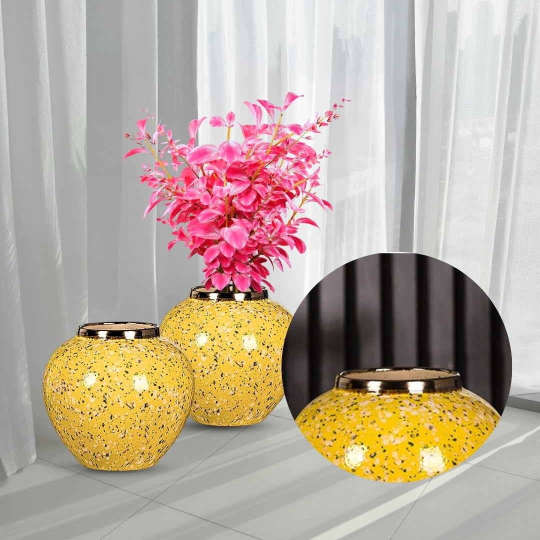 NNEAGS - Jarrón pequeño de cerámica con flores, 21 x 22 cm, color amarillo y blanco, elegante para decoración del hogar y la sala de estar