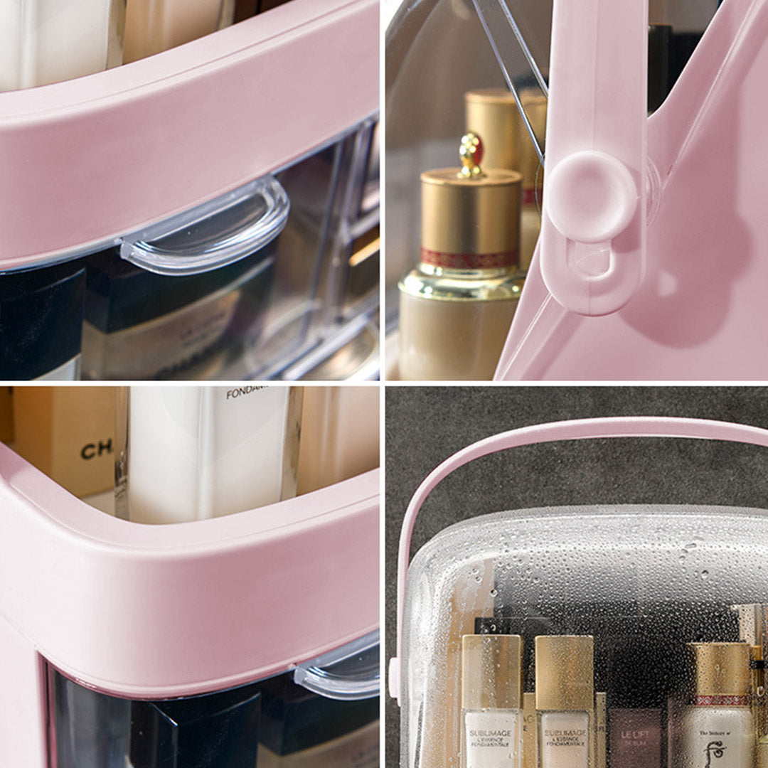 NNEAGS Organizador de maquillaje y cosméticos de 2 niveles, color rosa, para el cuidado de la piel, caja de almacenamiento de joyas con asa