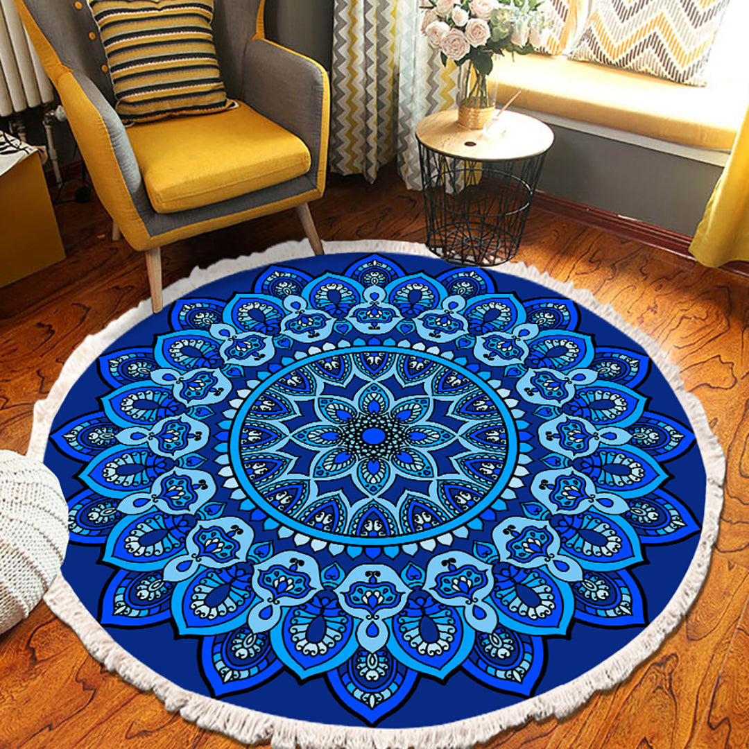 NNEAGS 2 alfombras redondas de mandala azul de 90 cm para sala de estar, dormitorio, felpudo antideslizante, decoración del hogar