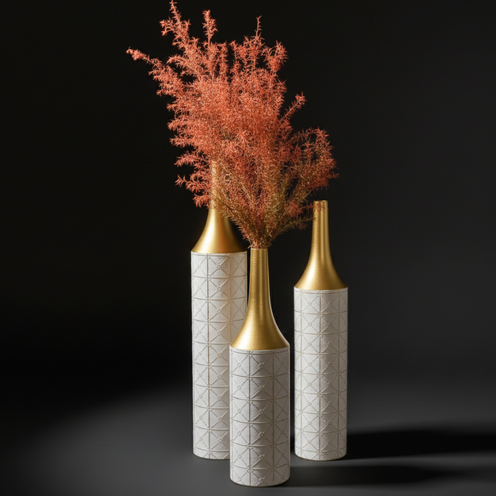 Juego de 3 jarrones de suelo de metal esmaltado: elegantes jarrones altos decorativos para sala de estar y entrada.