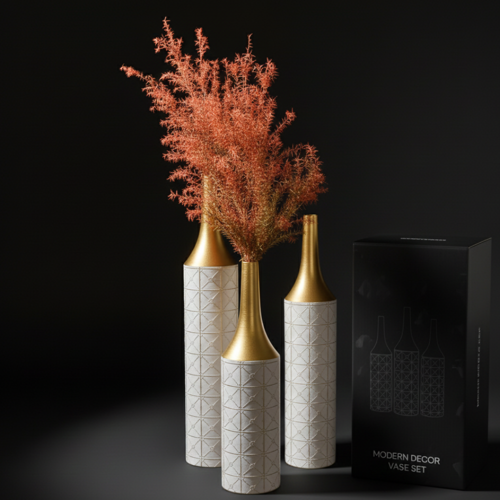 Juego de 3 jarrones de suelo de metal esmaltado: elegantes jarrones altos decorativos para sala de estar y entrada.