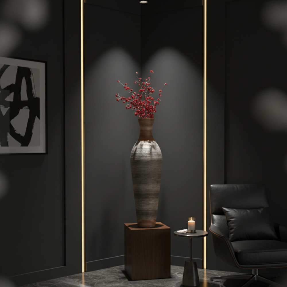 Jarrón de ratán artificial marrón de 99 cm de alto, soporte decorativo para flores para sala de estar y entrada.