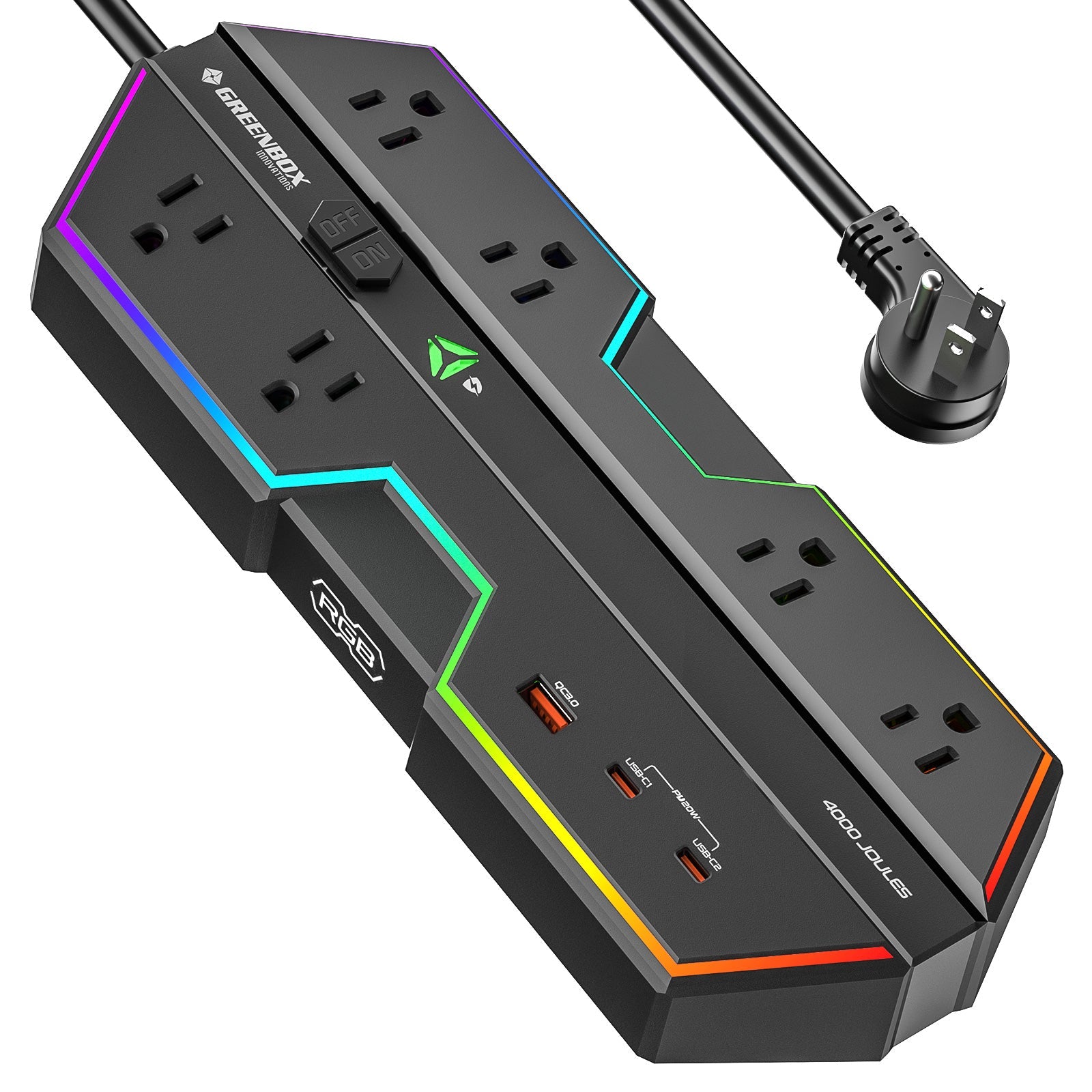 Gaming Power Strip, 6 AC Outlets, 4000J Surge Protector, PD 20W Fast Charging (2 USB-C, 1 USB-A), Wide-Spaced Outlet with RGB Lights for PC, e-Sports & Home Office