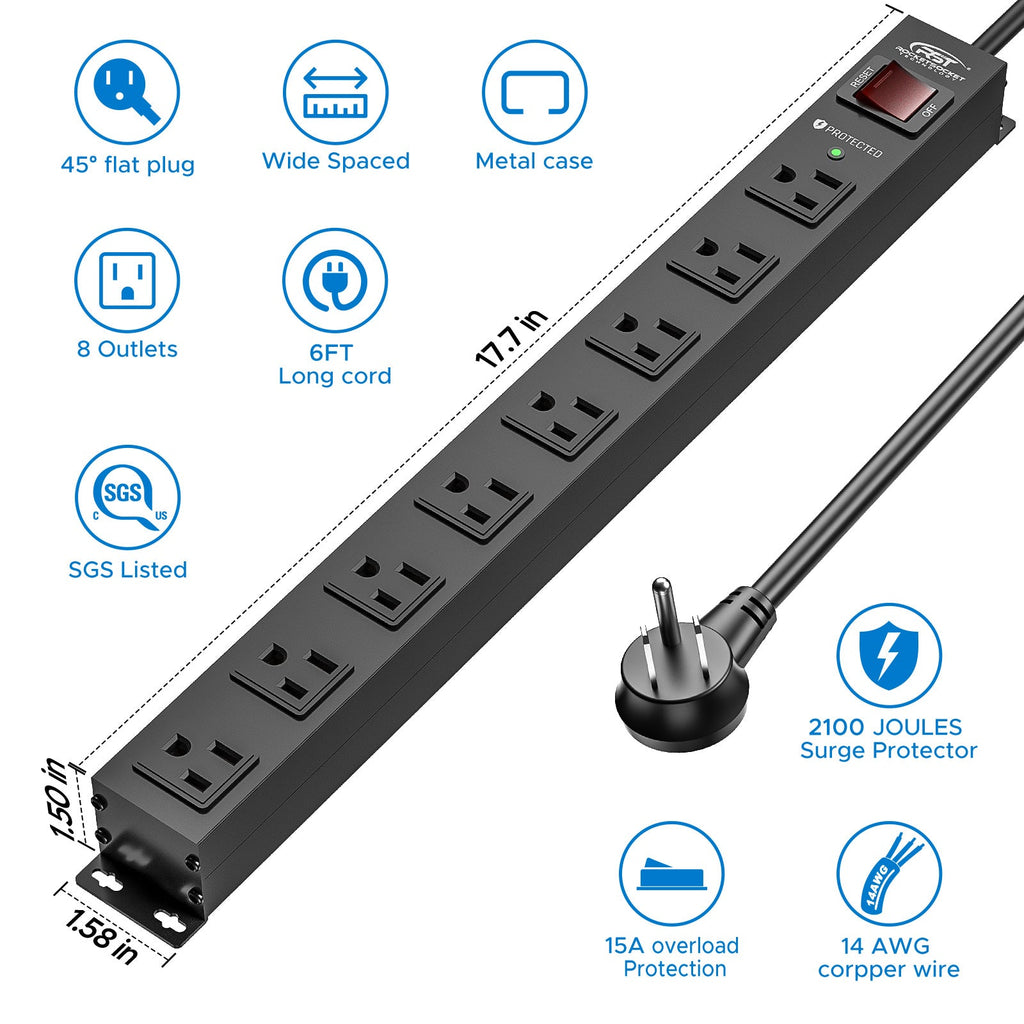CRST 8 Outlets Wide Spaced Mountable Metal Power Strip Surge Protector, 6FT Flat Plug Power Cord, 2100 Joules Protection, Mount Kits Included