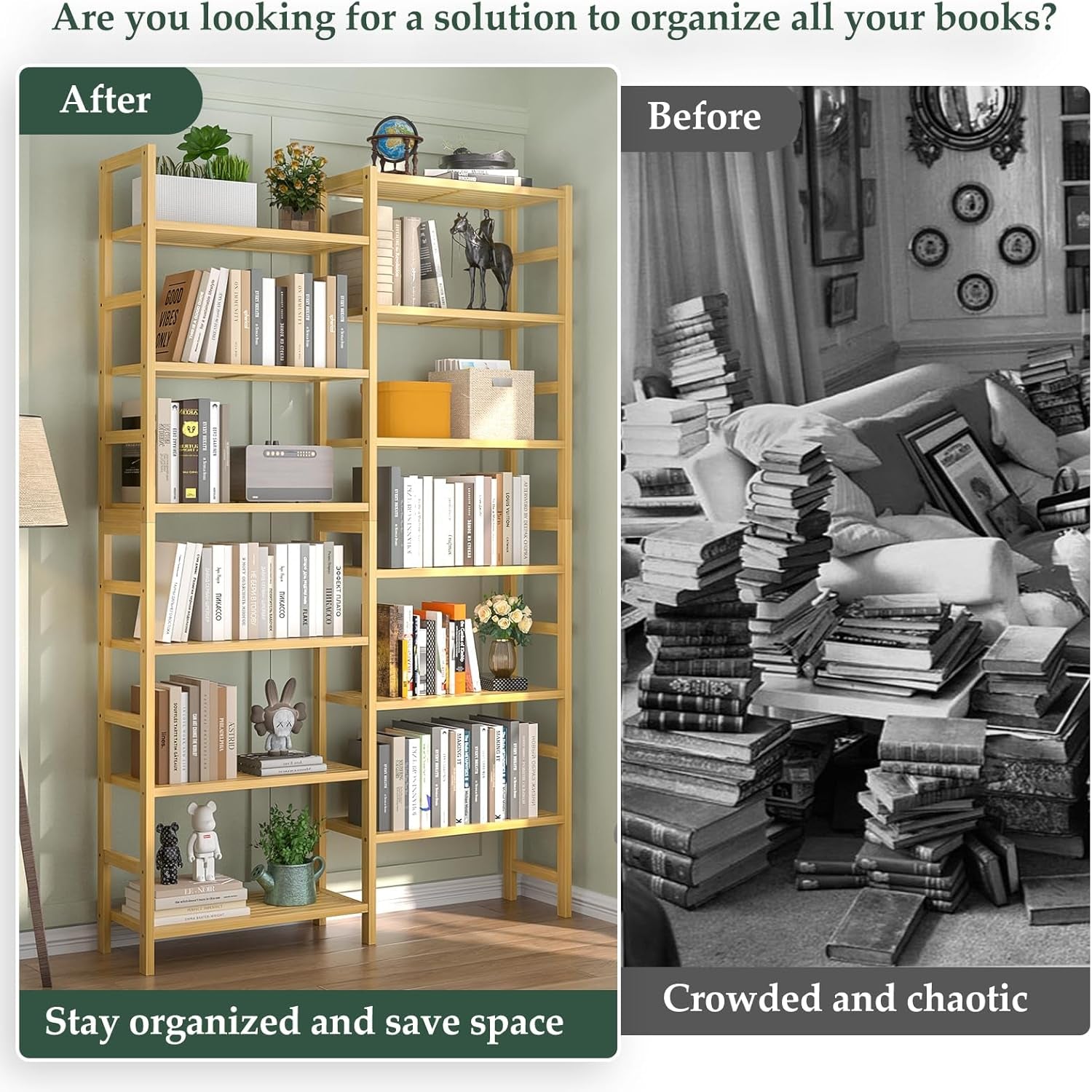 Estantería de bambú de 1,8 m de alto para el hogar, la oficina y la sala de estar.