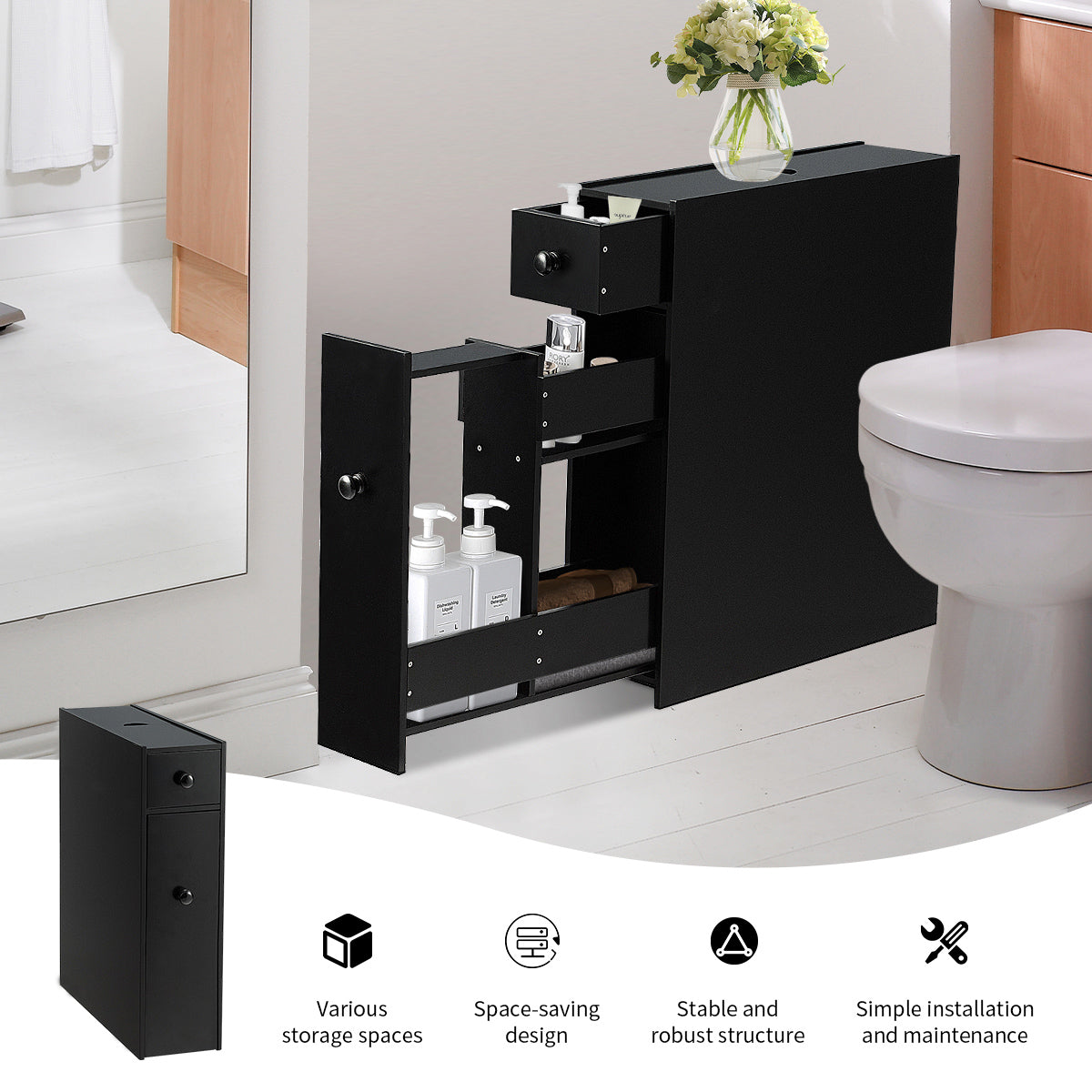 NNECW Freestanding  Slim Bathroom Storage Cabinet with Slide-out Drawers for Small/ Narrow Bathroom-Black