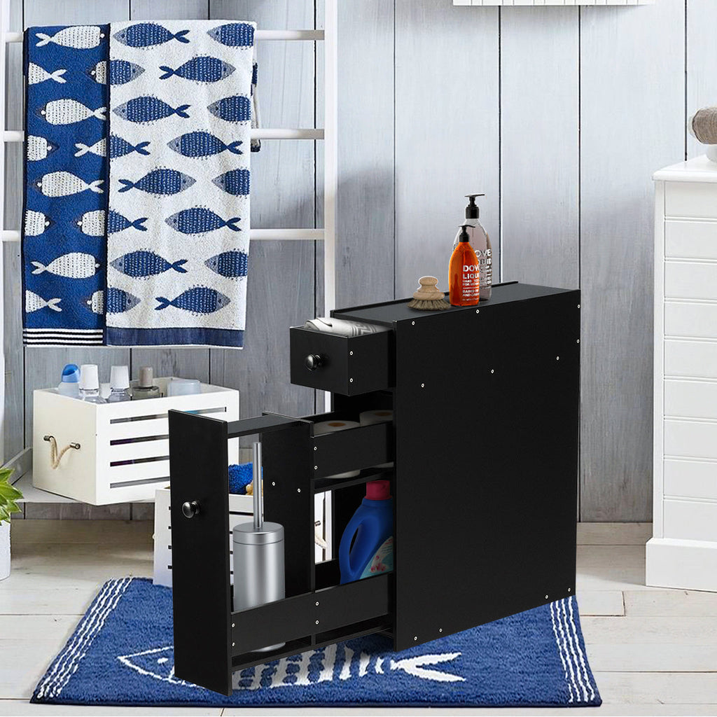 NNECW Freestanding  Slim Bathroom Storage Cabinet with Slide-out Drawers for Small/ Narrow Bathroom-Black