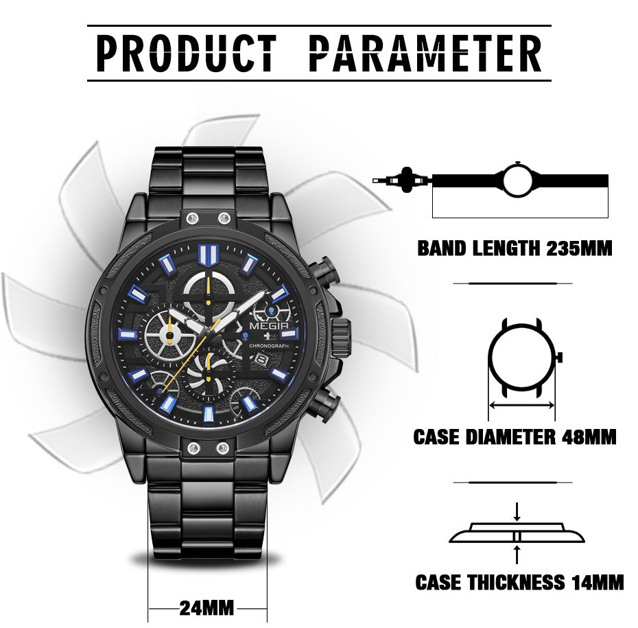 MEGIR Luxury Business Quartz Watches for Mens Stainless Steel Strap Men Casual Wristwatches Waterproof Man Clock Chronograph