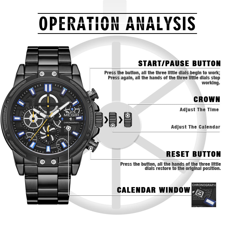 MEGIR Luxury Business Quartz Watches for Mens Stainless Steel Strap Men Casual Wristwatches Waterproof Man Clock Chronograph