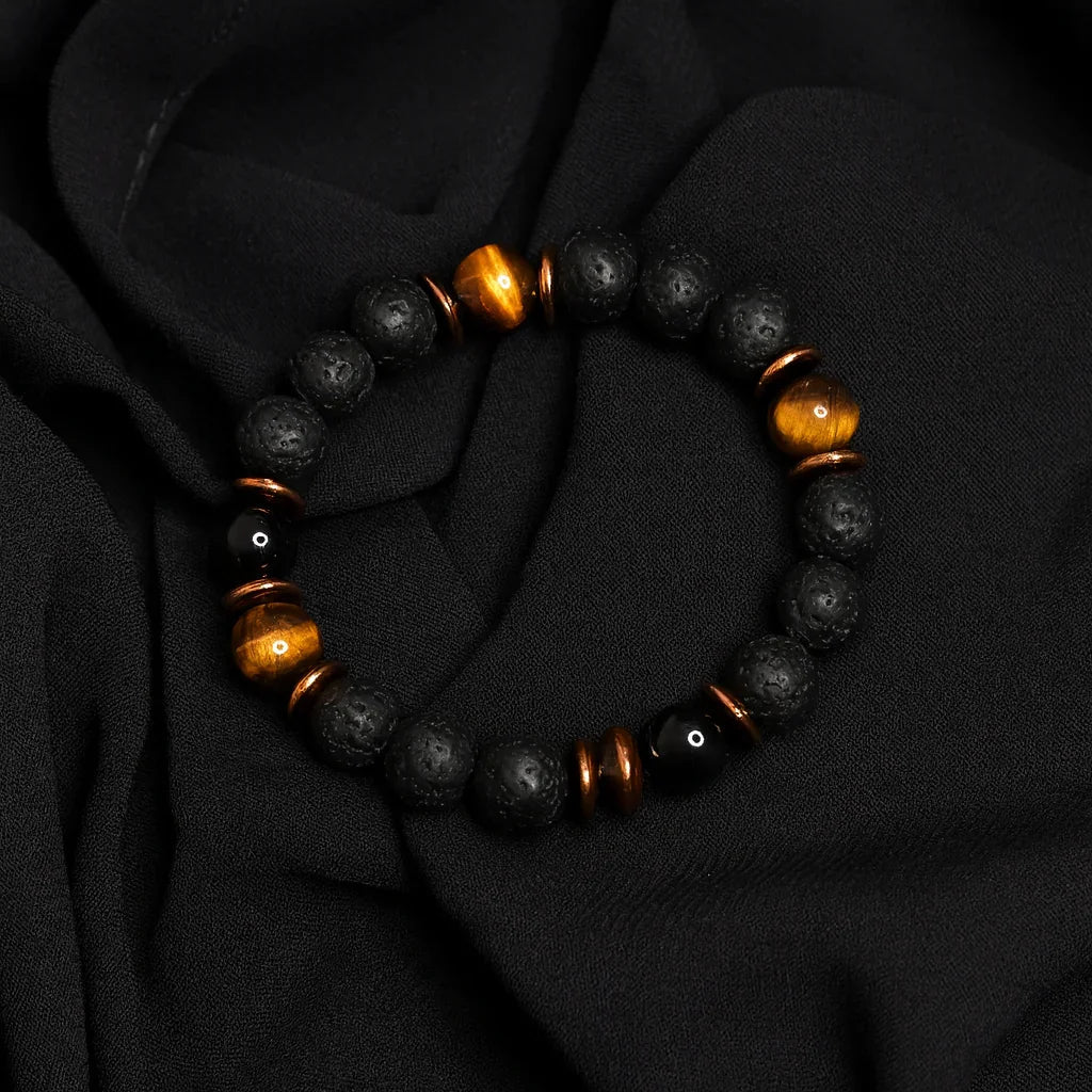 Pulsera de cuentas de lava negra y piedra de ojo de tigre