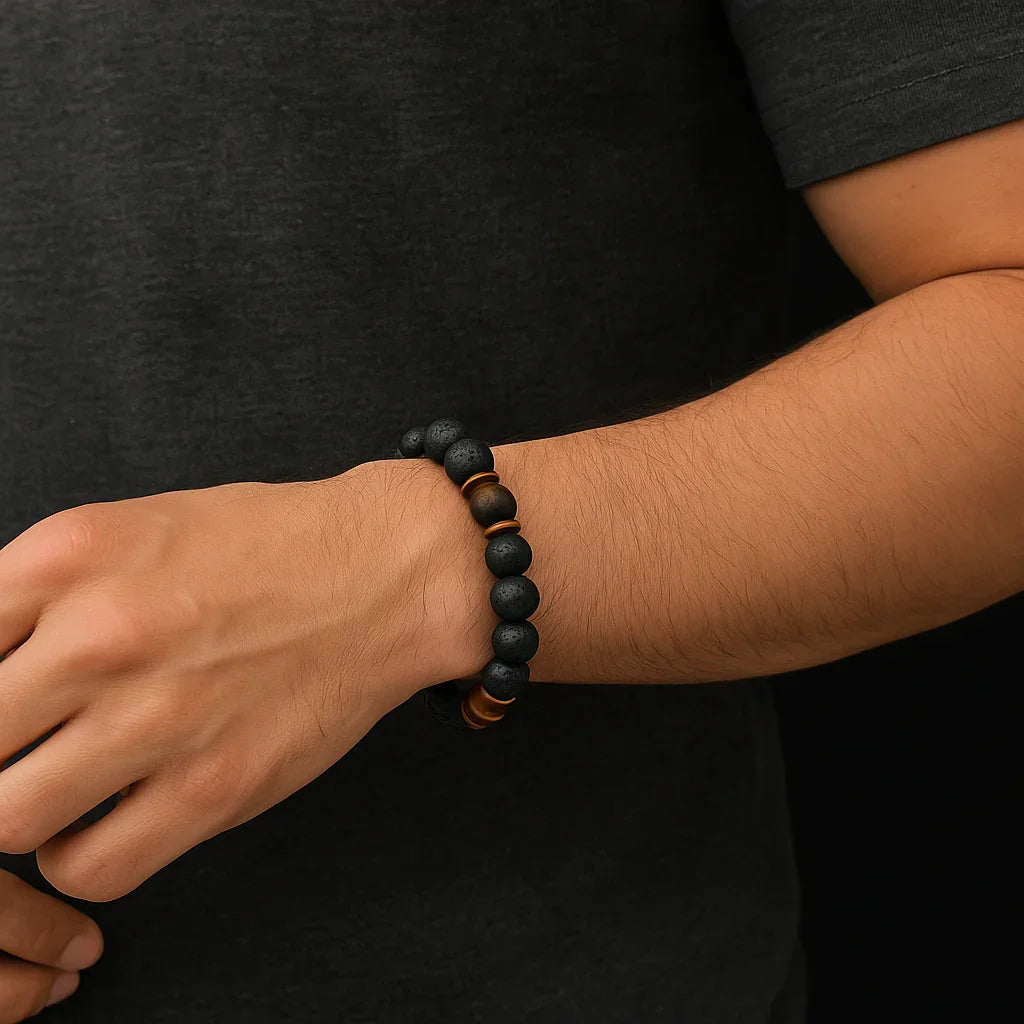 Pulsera de cuentas de lava negra y piedra de ojo de tigre