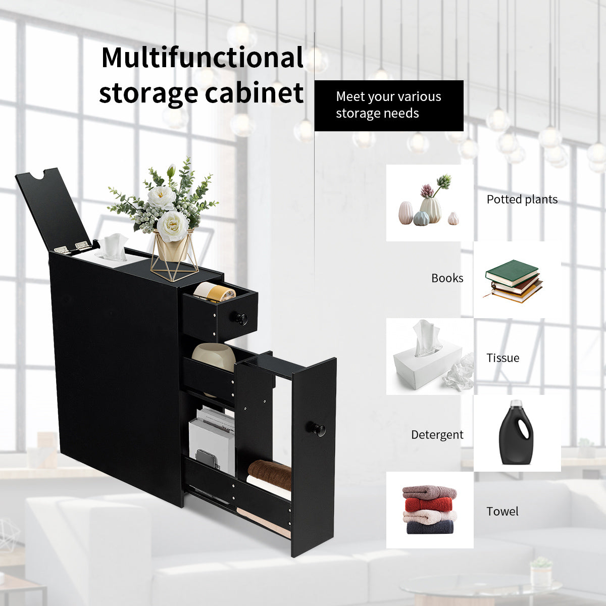 NNECW Freestanding  Slim Bathroom Storage Cabinet with Slide-out Drawers for Small/ Narrow Bathroom-Black