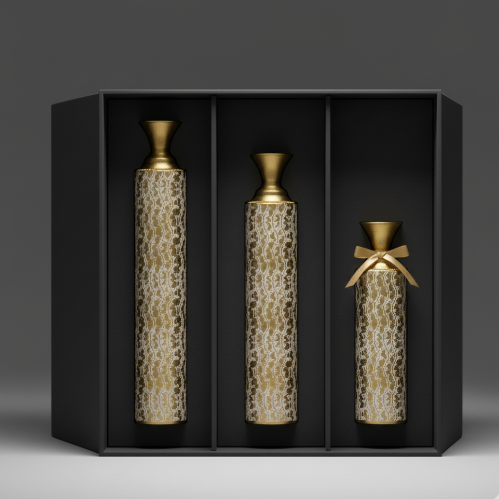 Juego de 3 jarrones de suelo de metal dorado y blanco con diseño de enredadera envejecida, altos y decorativos, para sala de estar.