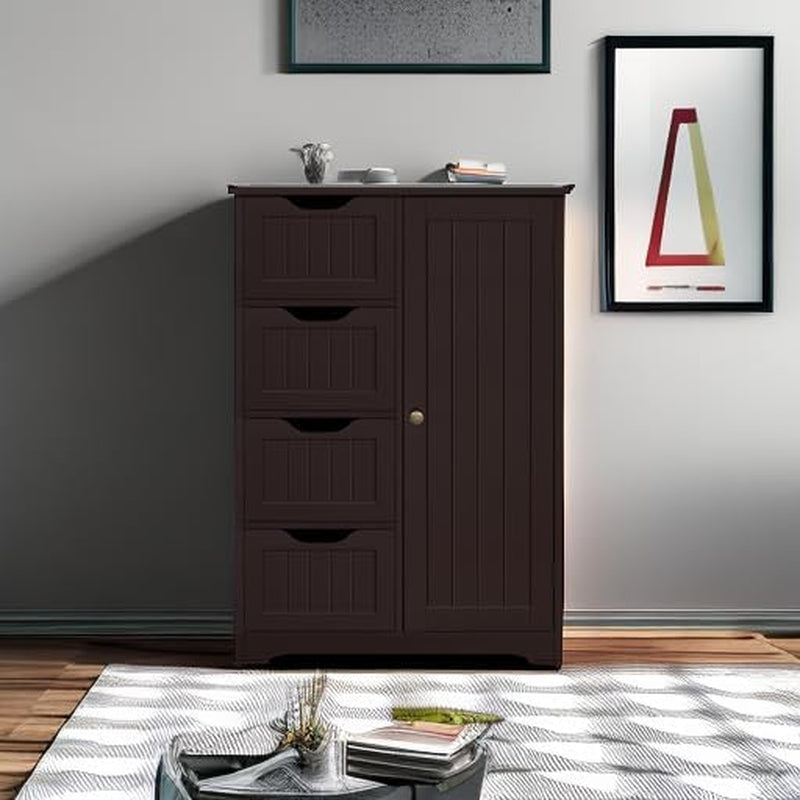 Brown Wooden Bathroom Floor Cabinet With 4 Drawers