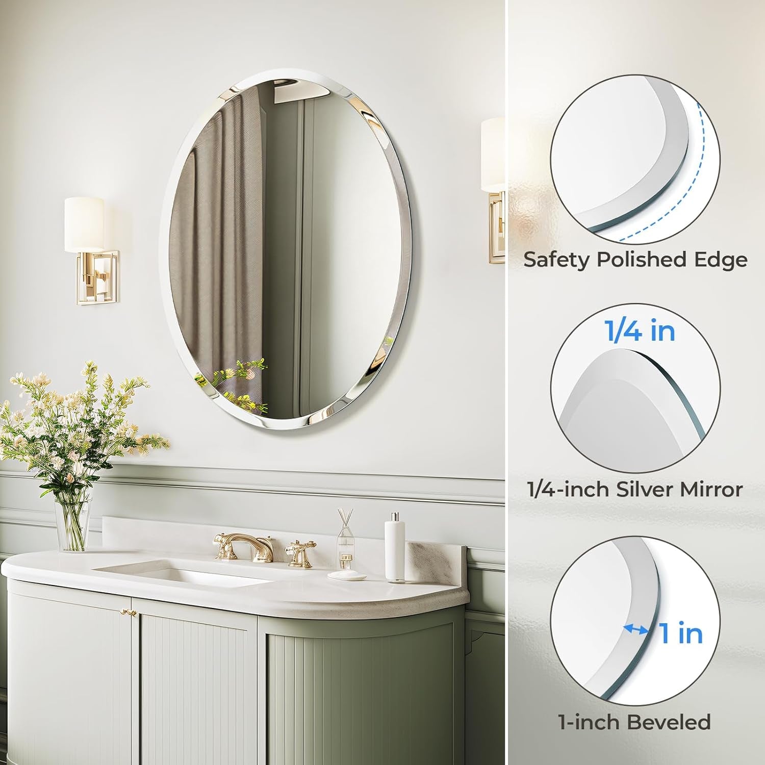 20x28 Inch Oval Frameless Bathroom Mirror Beveled Edge