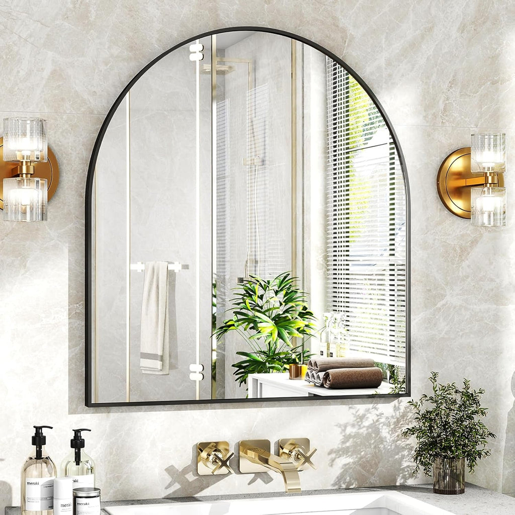 32x31 Inch Arched Bathroom Mirror Black Metal Frame