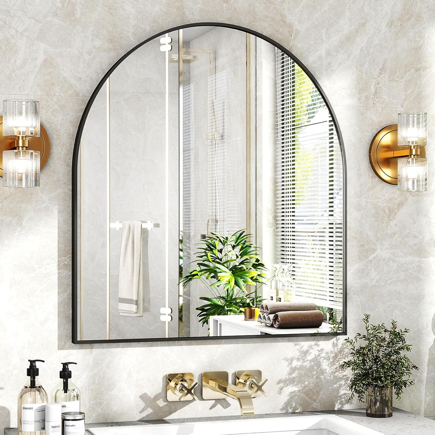 32x31 Inch Arched Bathroom Mirror Black Metal Frame