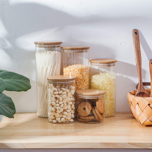 Glass Food Storage Containers, Food Jars with Bamboo Wooden Lids - Set