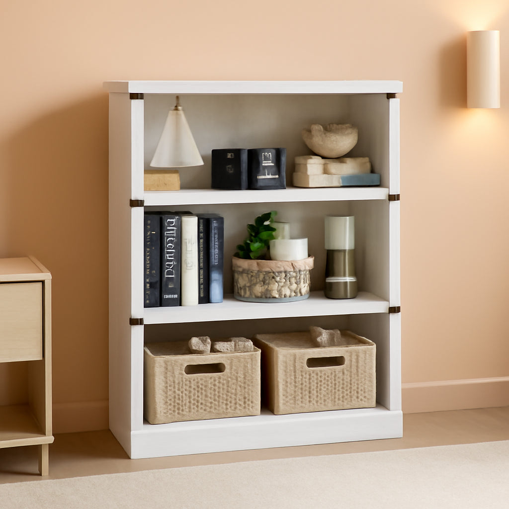 Librería de madera rústica de 3 niveles con espacio de almacenamiento, color blanco, de 40 pulgadas de alto y 31,5 pulgadas de ancho, ideal para sala de estar y oficina en casa.