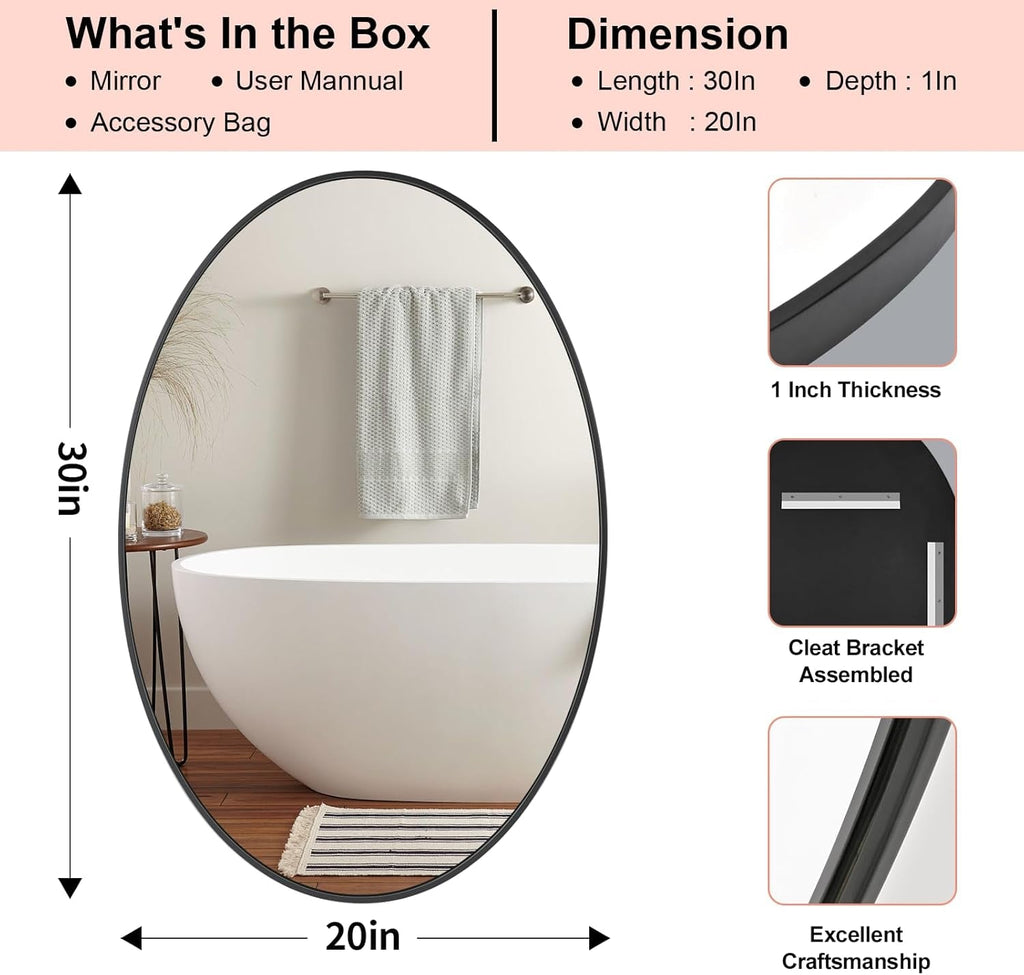Oval Mirror 20x30 Black Bathroom Vanity Wall Mount