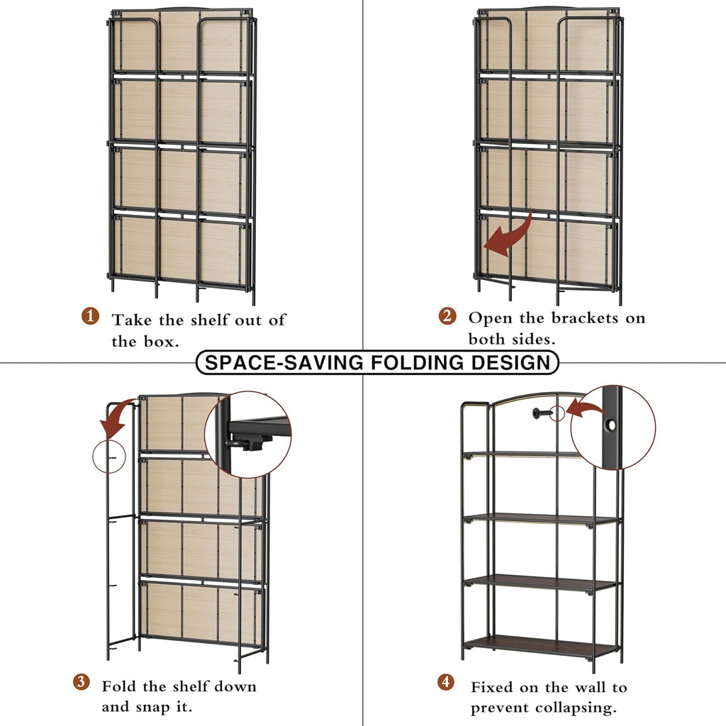 Estantería plegable negra de 4 niveles para sala de estar, hogar y oficina.
