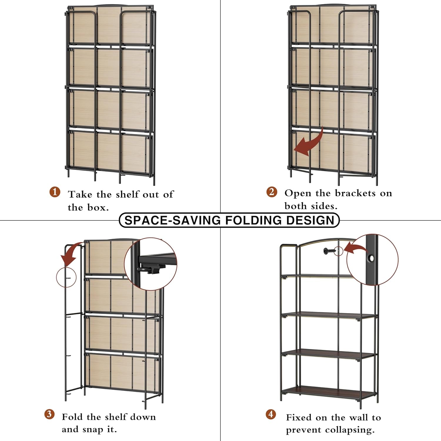Estantería plegable negra de 4 niveles para sala de estar, hogar y oficina.