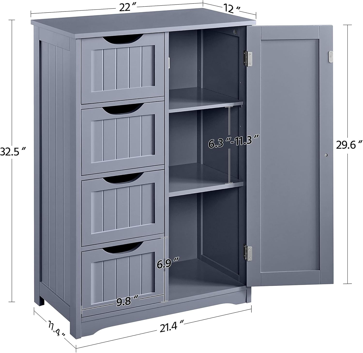 Gray Freestanding Bathroom Floor Cabinet With 4 Drawers