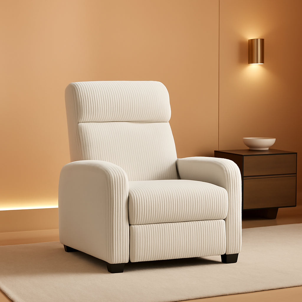 Sillón reclinable de pana beige ajustable para sala de estar y cine en casa