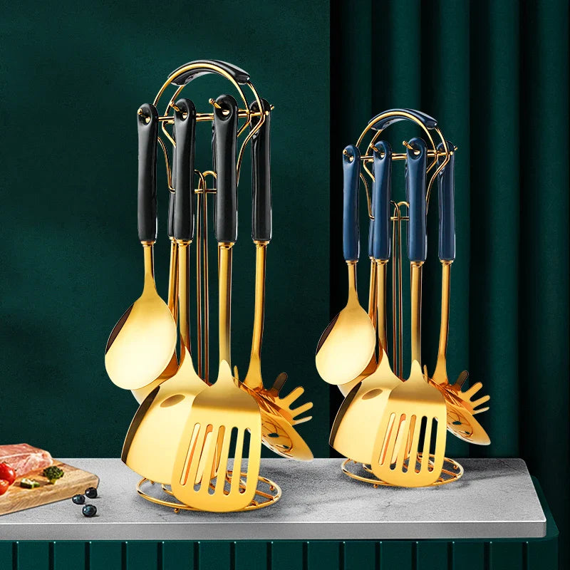 Utensilios de cocina de acero inoxidable, juego de 6 piezas, accesorios de cocina, juego de ollas de cerámica dorada, pala, cuchara sopera | Transforma tu cocina