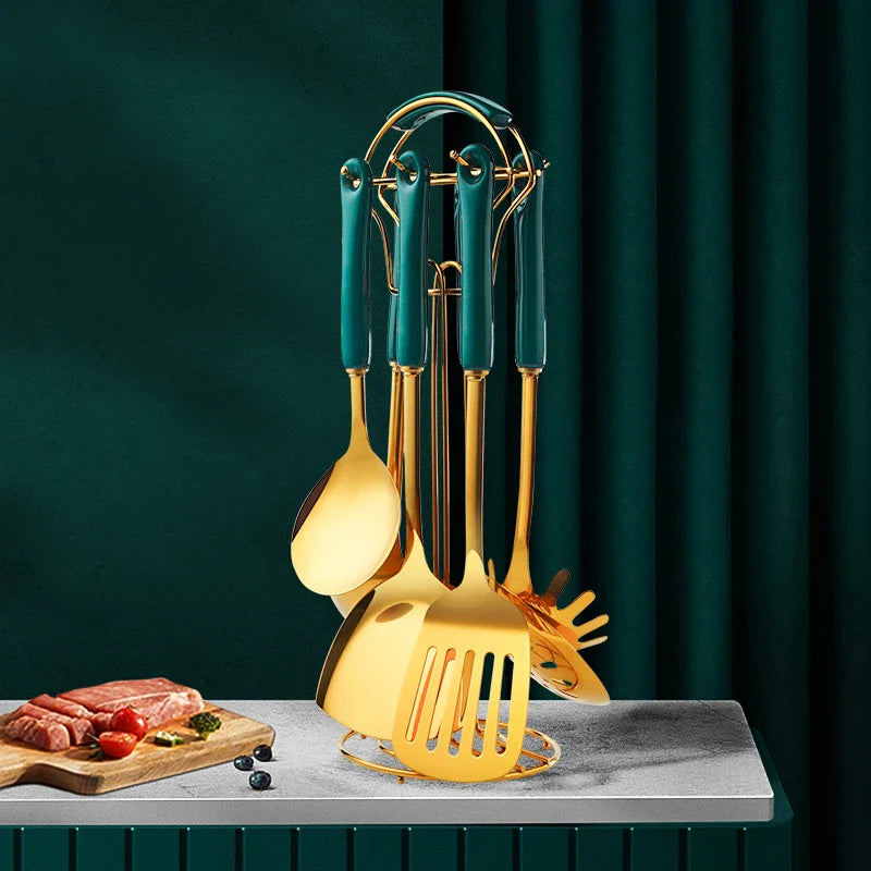 Utensilios de cocina de acero inoxidable, juego de 6 piezas, accesorios de cocina, juego de ollas de cerámica dorada, pala, cuchara sopera | Transforma tu cocina