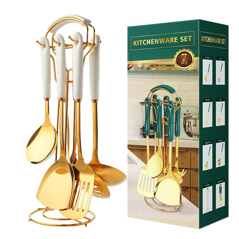 Utensilios de cocina de acero inoxidable, juego de 6 piezas, accesorios de cocina, juego de ollas de cerámica dorada, pala, cuchara sopera | Transforma tu cocina