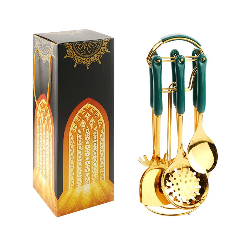Utensilios de cocina de acero inoxidable, juego de 6 piezas, accesorios de cocina, juego de ollas de cerámica dorada, pala, cuchara sopera | Transforma tu cocina