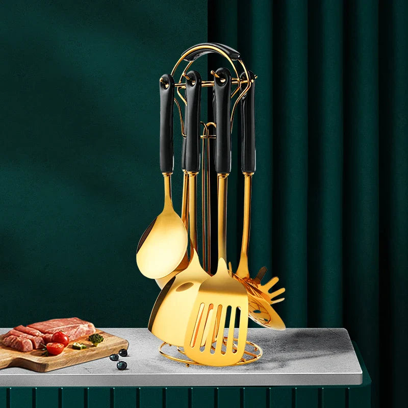 Utensilios de cocina de acero inoxidable, juego de 6 piezas, accesorios de cocina, juego de ollas de cerámica dorada, pala, cuchara sopera | Transforma tu cocina