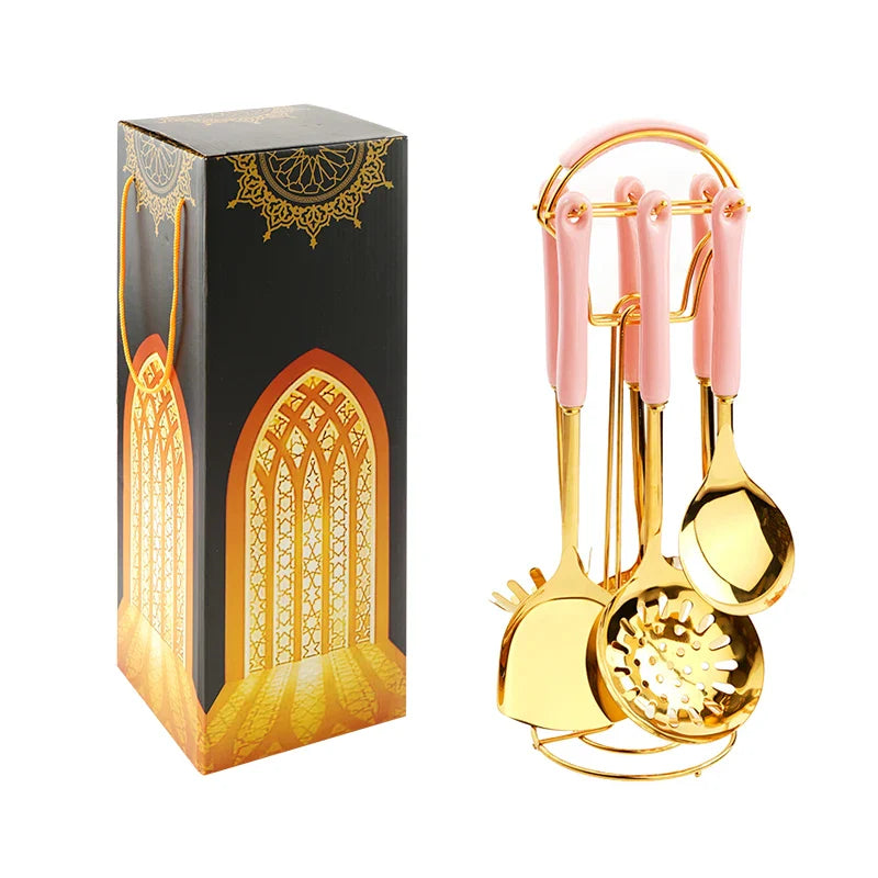 Utensilios de cocina de acero inoxidable, juego de 6 piezas, accesorios de cocina, juego de ollas de cerámica dorada, pala, cuchara sopera | Transforma tu cocina