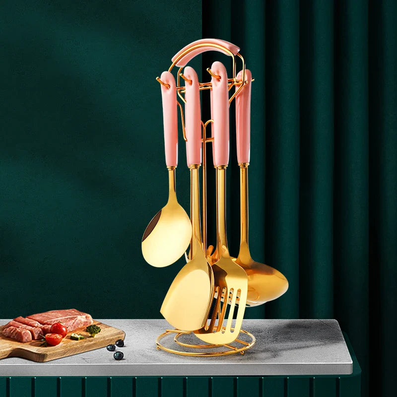 Utensilios de cocina de acero inoxidable, juego de 6 piezas, accesorios de cocina, juego de ollas de cerámica dorada, pala, cuchara sopera | Transforma tu cocina