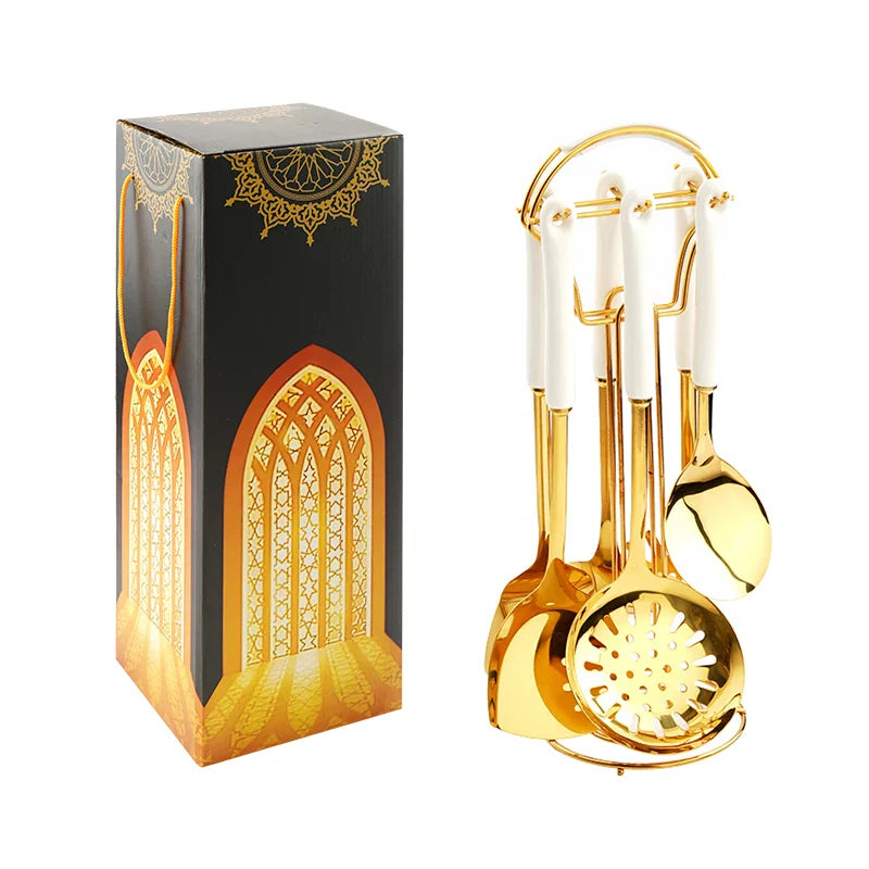 Utensilios de cocina de acero inoxidable, juego de 6 piezas, accesorios de cocina, juego de ollas de cerámica dorada, pala, cuchara sopera | Transforma tu cocina