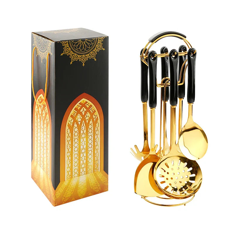 Utensilios de cocina de acero inoxidable, juego de 6 piezas, accesorios de cocina, juego de ollas de cerámica dorada, pala, cuchara sopera | Transforma tu cocina