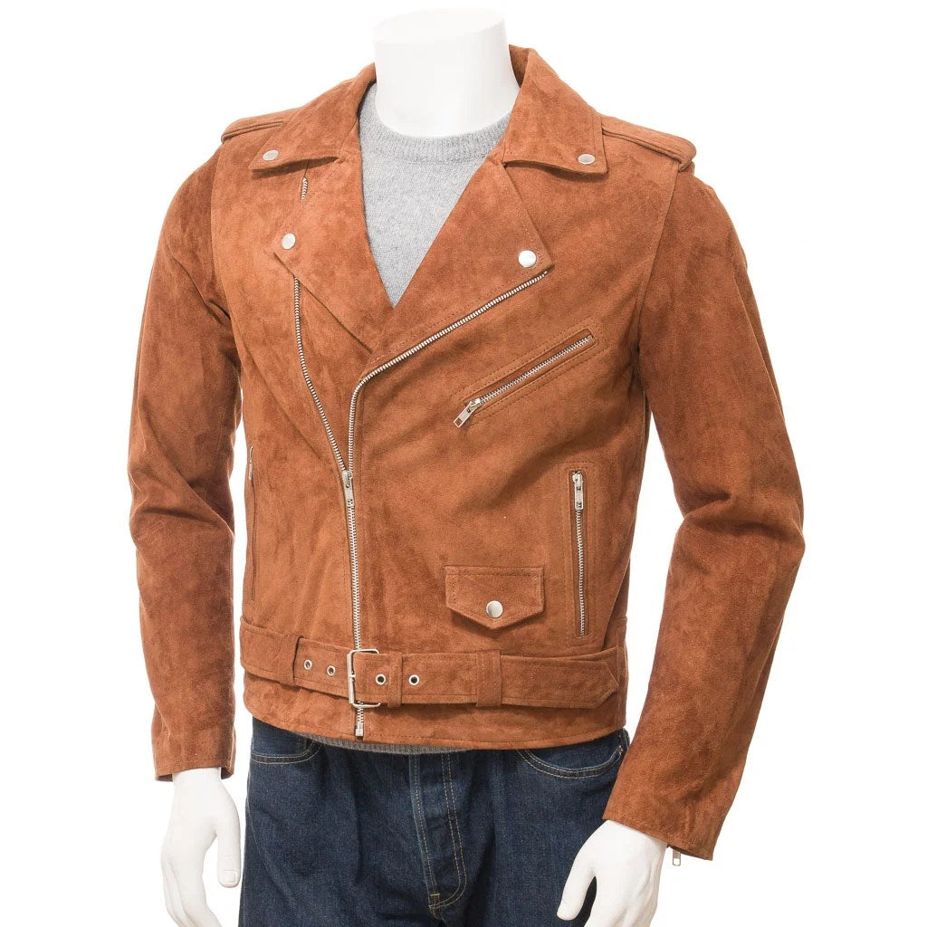 MEN BROWN SUEDE BIKER JACKET PARISH