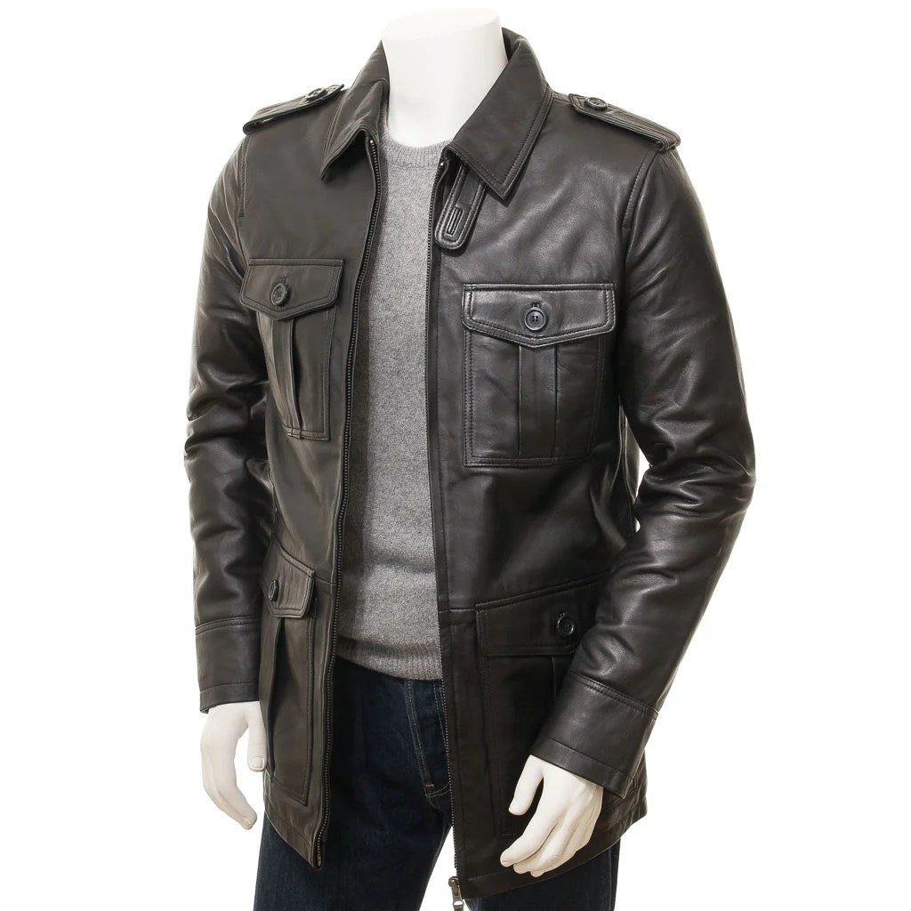 MEN CLASSIC BLACK LEATHER COAT CARROLL
