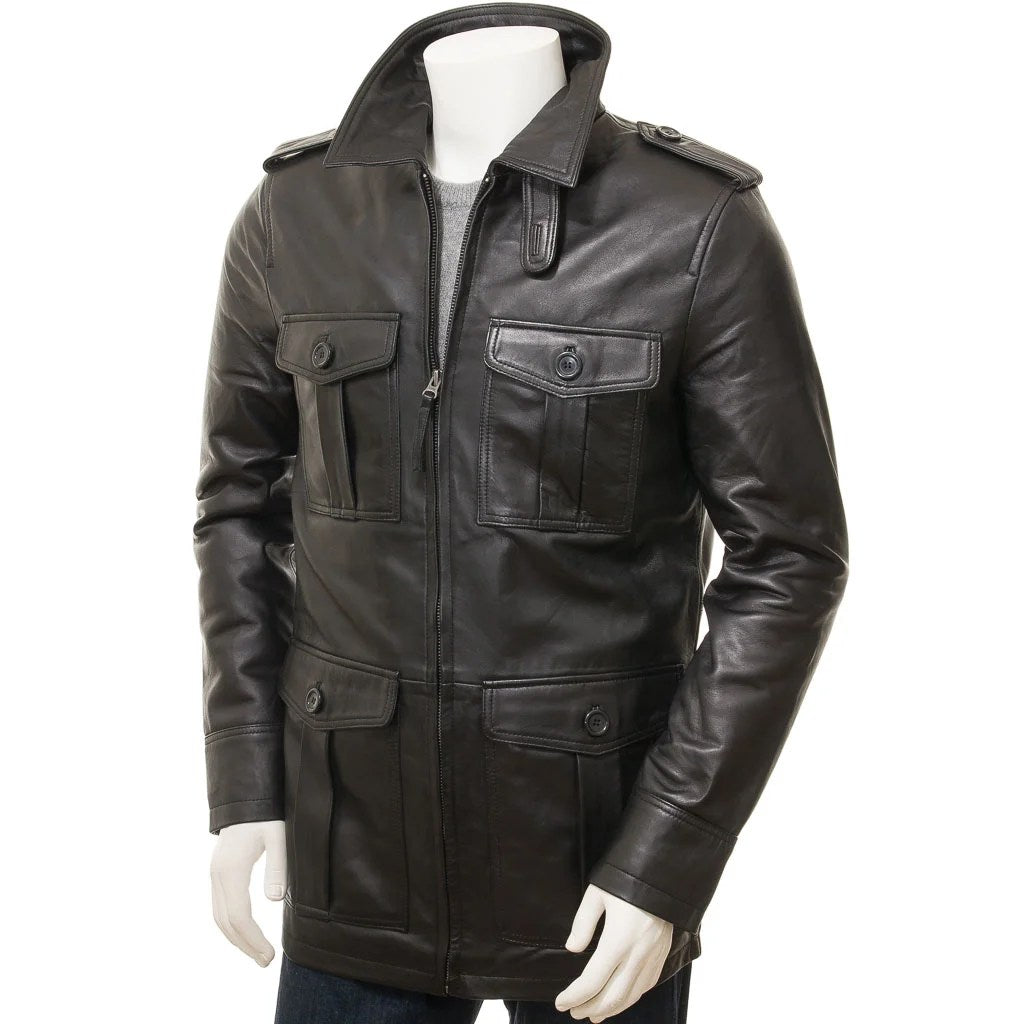MEN CLASSIC BLACK LEATHER COAT CARROLL
