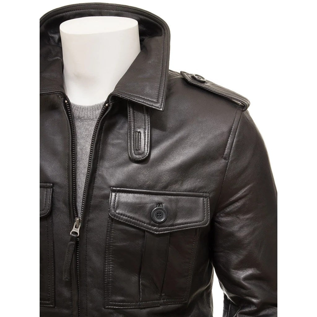 MEN CLASSIC BLACK LEATHER COAT CARROLL