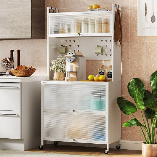 Estantería de cocina de 5 niveles con luces, soporte multifuncional para microondas con puertas abatibles, color negro