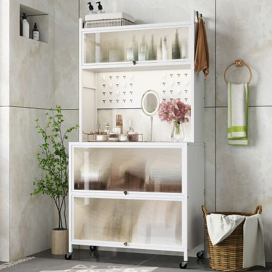 Estantería de cocina de 5 niveles con luces, soporte multifuncional para microondas con puertas abatibles, color negro