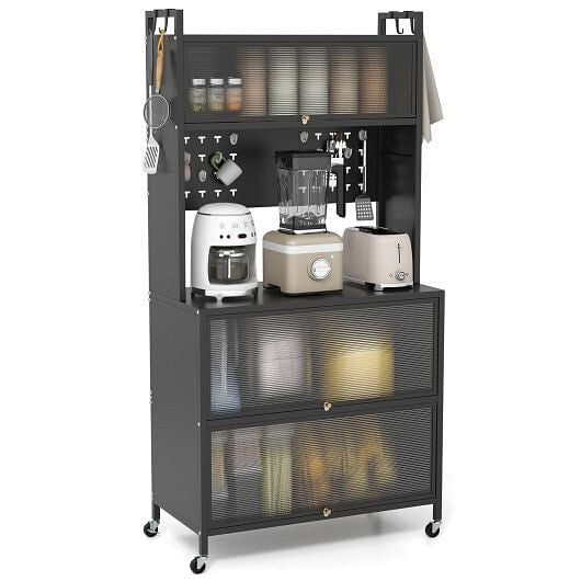 Estantería de cocina de 5 niveles con luces, soporte multifuncional para microondas con puertas abatibles, color negro