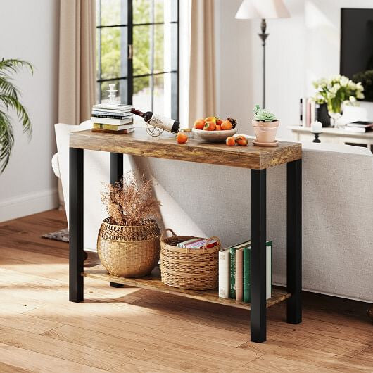 Mesa de bar de dos niveles con estantes abiertos y espacio de almacenamiento para cocina, sala de estar, pub, marrón rústico