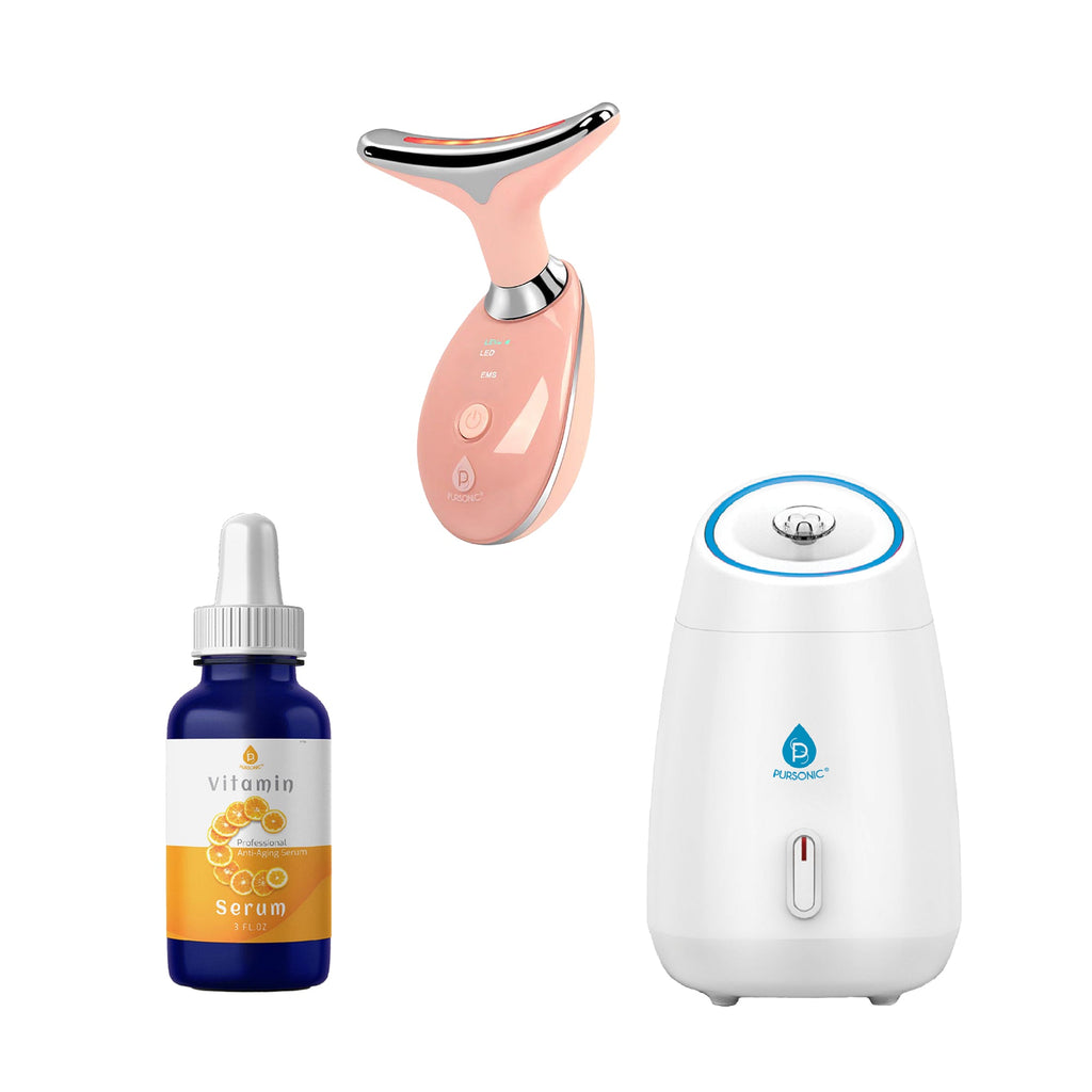 Paquete de cuidado de la piel Glow &amp; Renew: vaporizador facial, dispositivo de terapia de luz LED 7 en 1 y suero de vitamina C al 20 %