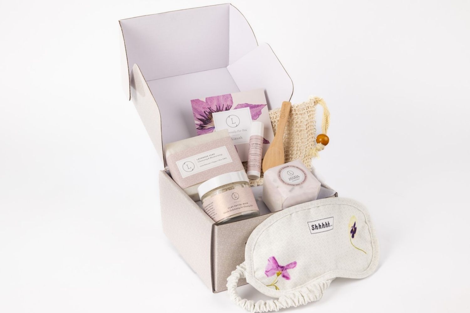 Set de baño y cuerpo de lavanda, caja de regalo con productos naturales para el cuidado de la piel.