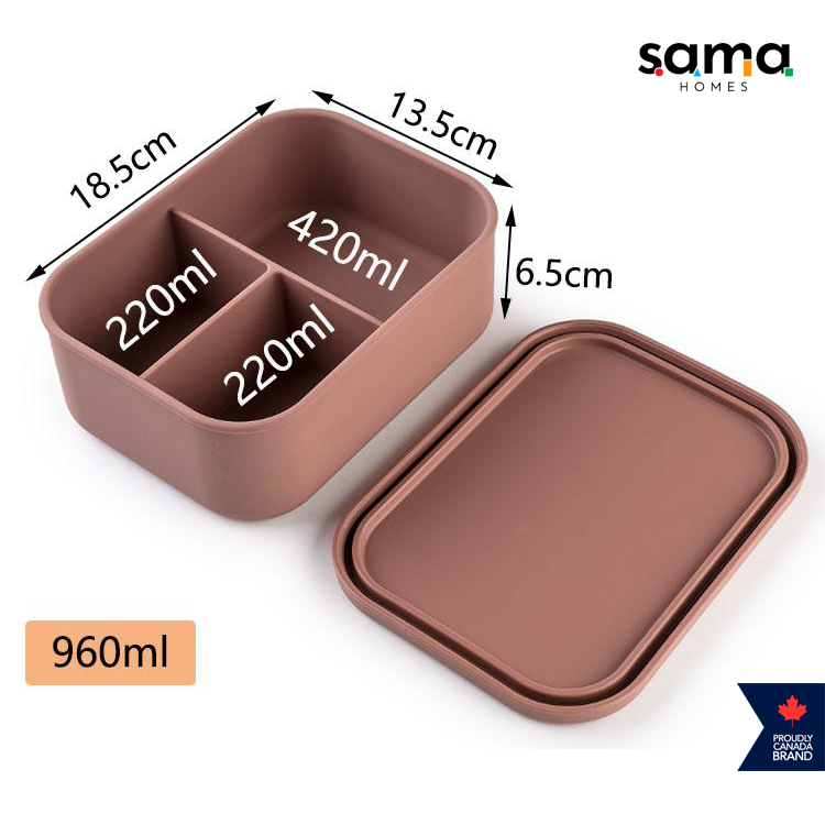 Fiambrera Bento de silicona con 3 compartimentos, 960 ml, a prueba de fugas y apta para microondas.