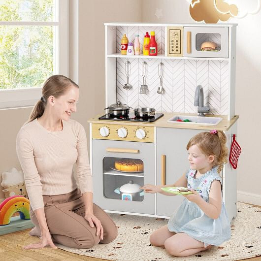 Juego de cocina infantil con luces, sonidos, microondas, horno, fregadero y accesorios de cocina (blanco)